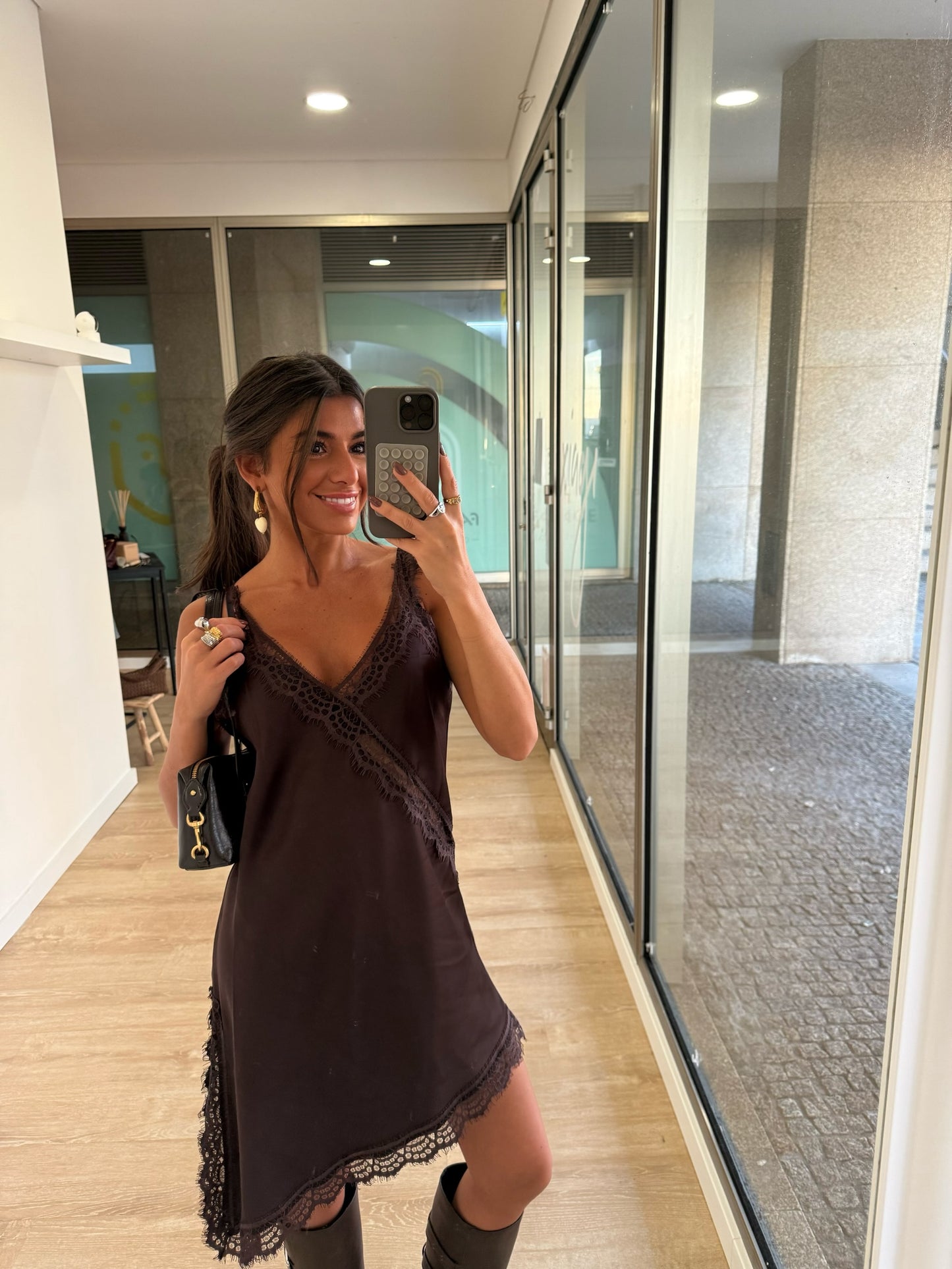 Asymmetric Lace Slip Dress in Chocolate