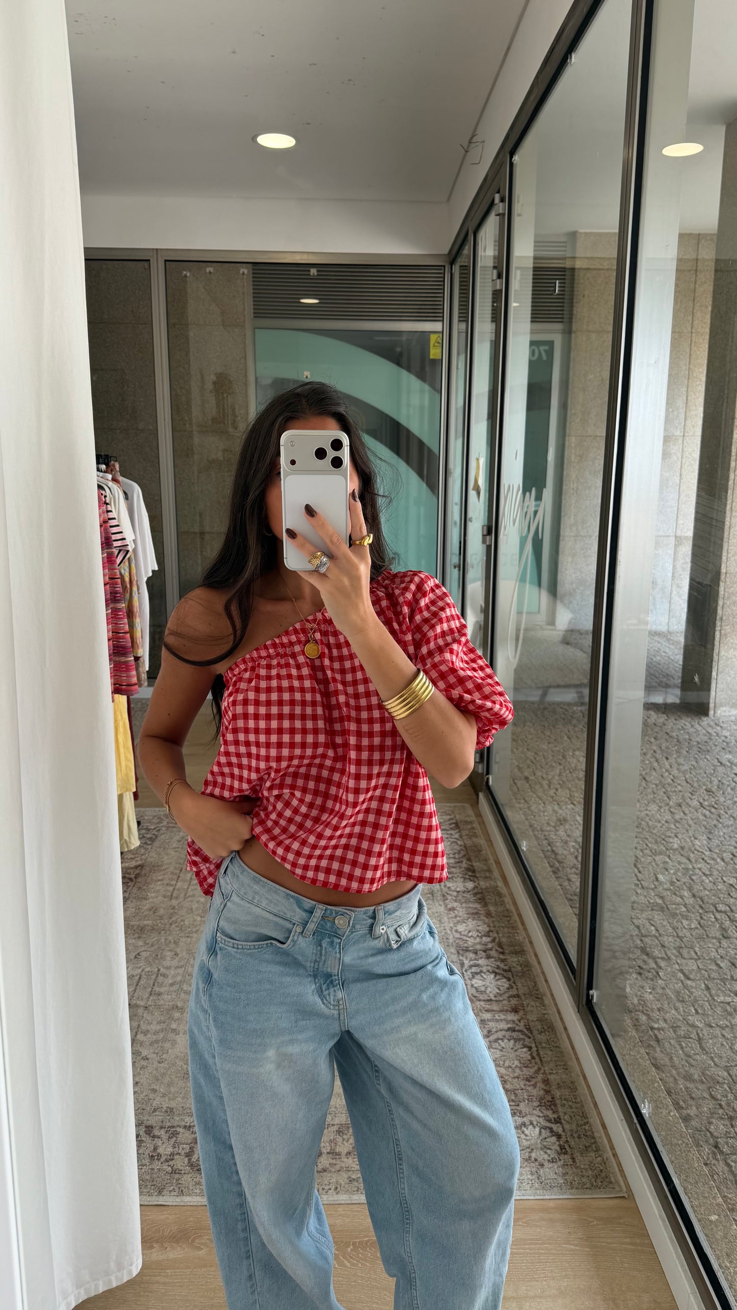 Pink & Red Gingham Asymmetric Top