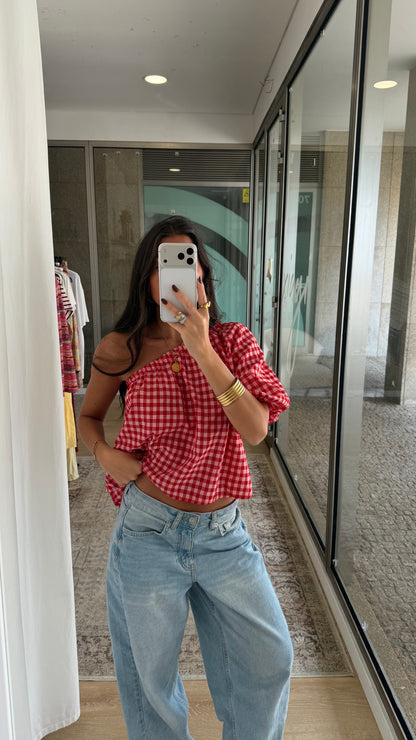 Pink & Red Gingham Asymmetric Top