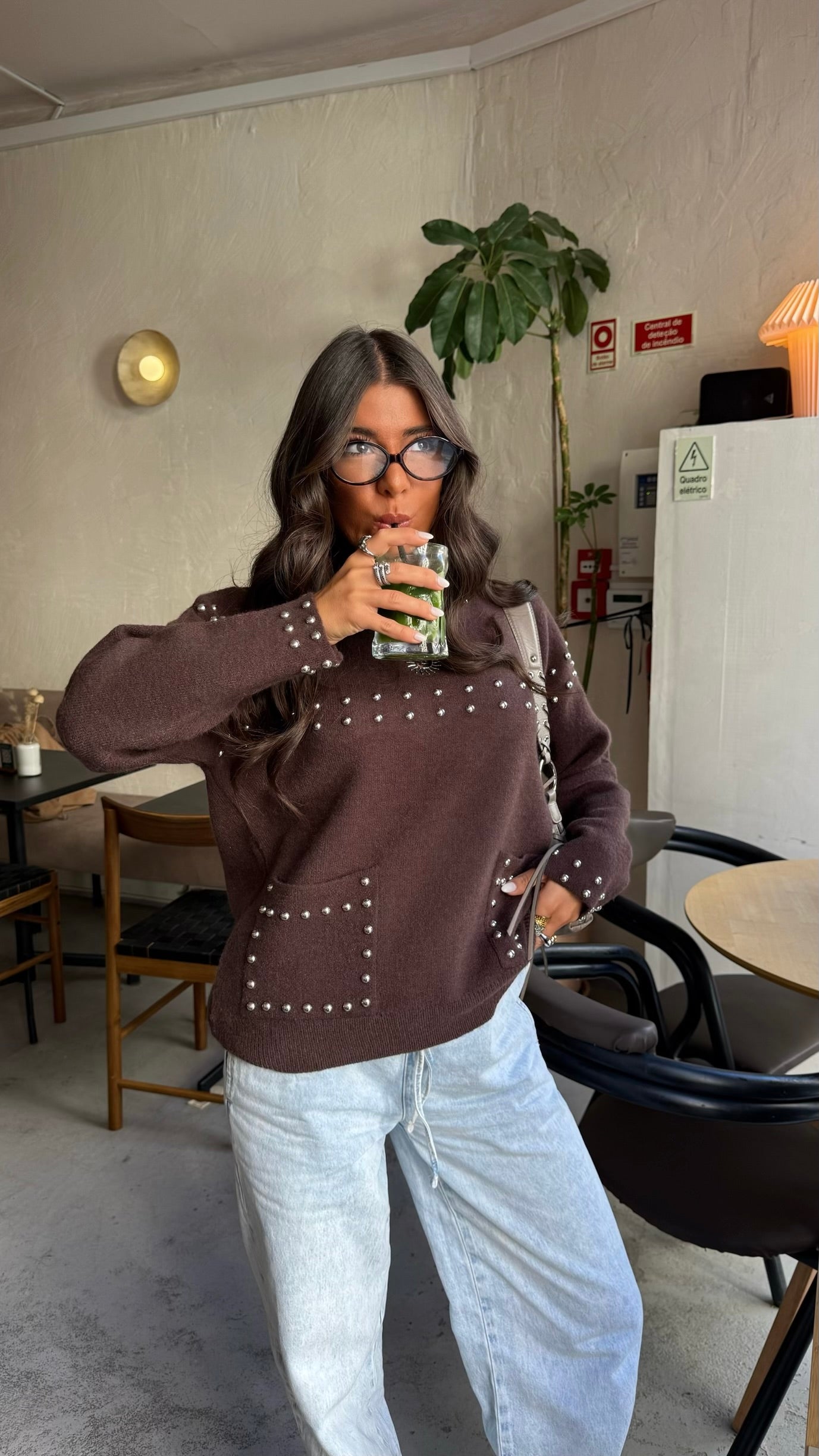 Chocolate Studded Knit Sweater