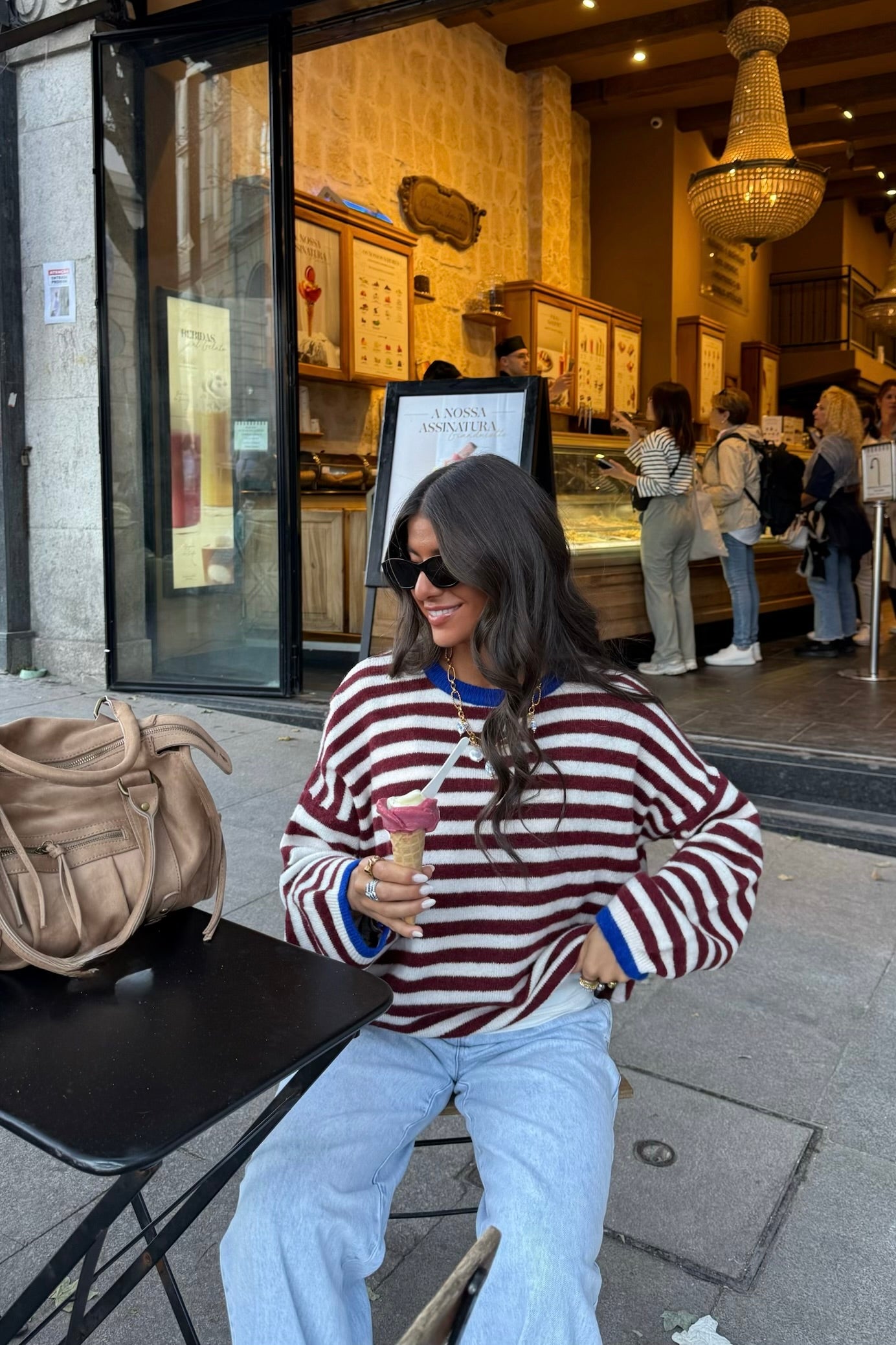 Burgundy & White Striped Mohair Sweater with Blue Details