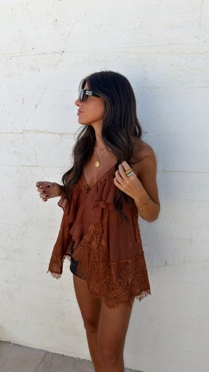 Rust Lace Ruffle Top