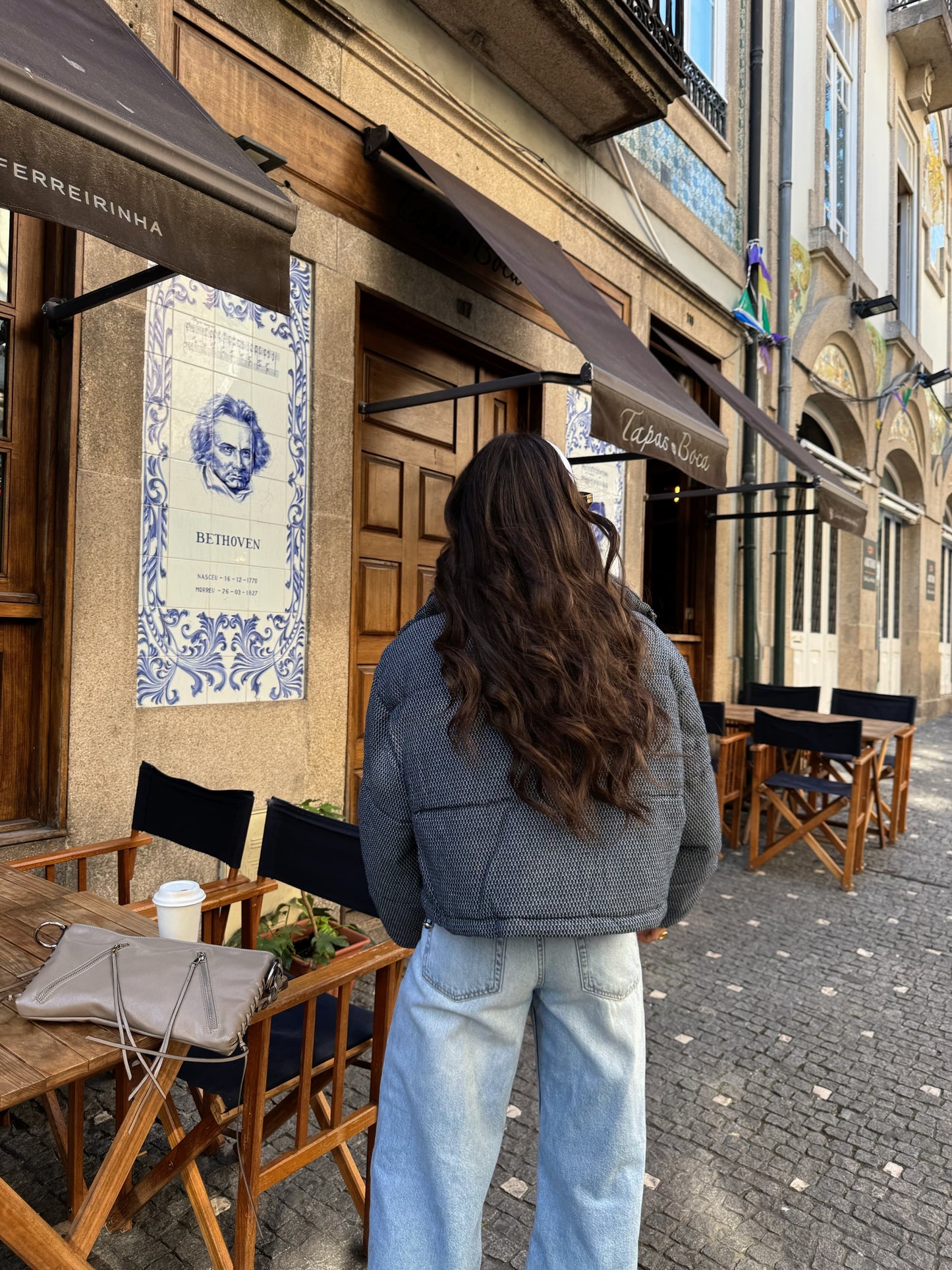 Textured Denim Effect Puffer Jacket