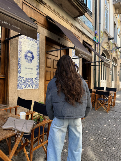 Textured Denim Effect Puffer Jacket
