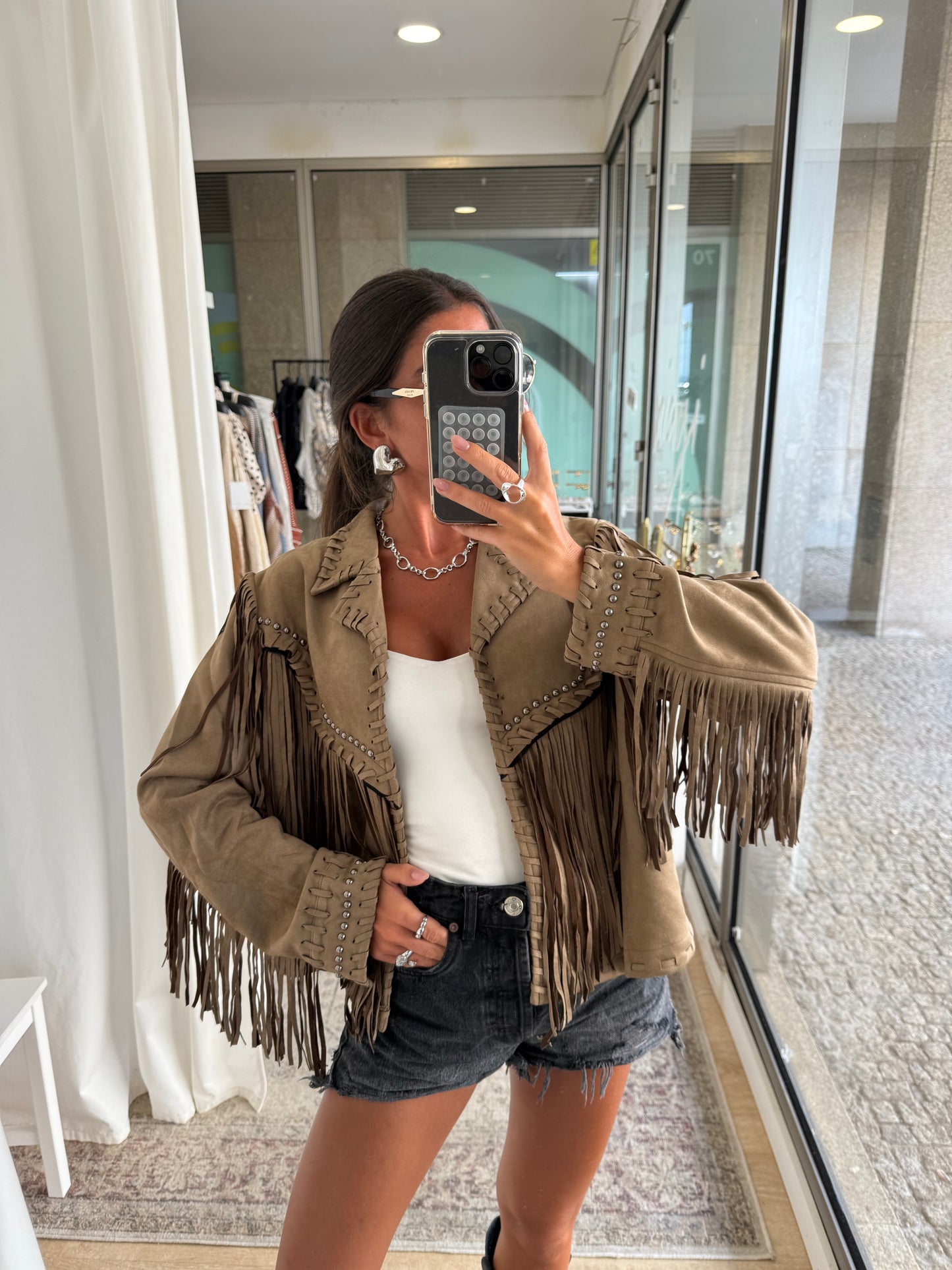Suede-Effect Jacket with Fringe and Studded Details