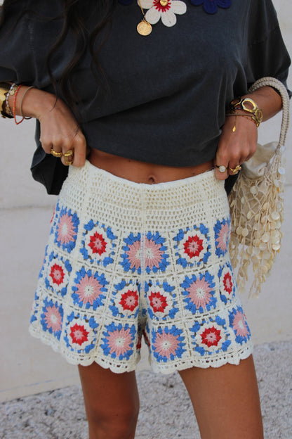 Crochet Shorts – Blue & Red (Lined)