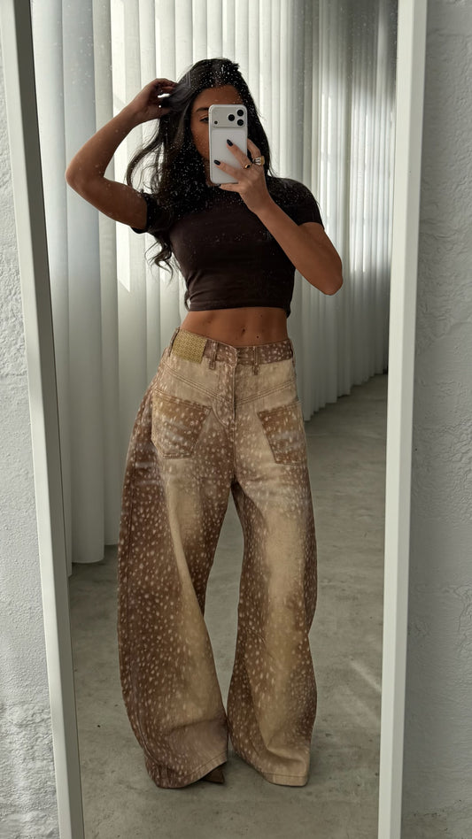 Reverse Seam Bambi Print Barrel Jeans