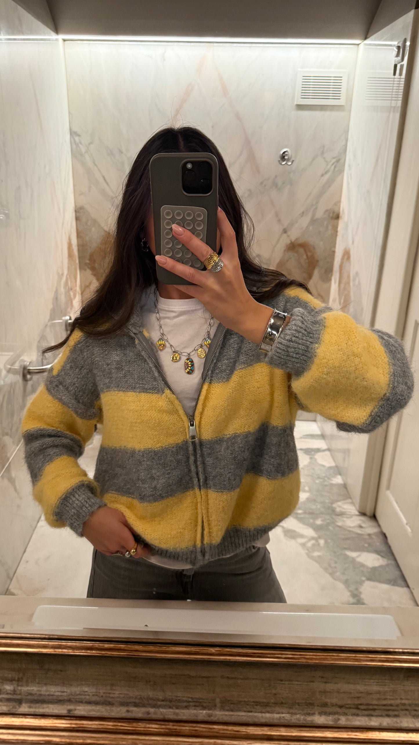 Yellow & Grey Striped Knit Zip Jacket