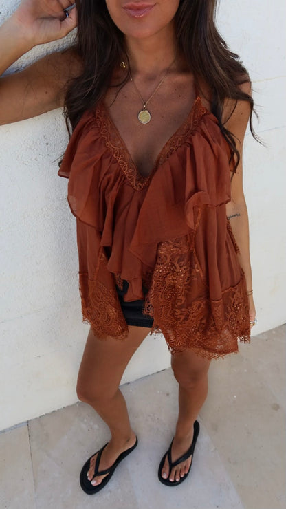 Rust Lace Ruffle Top