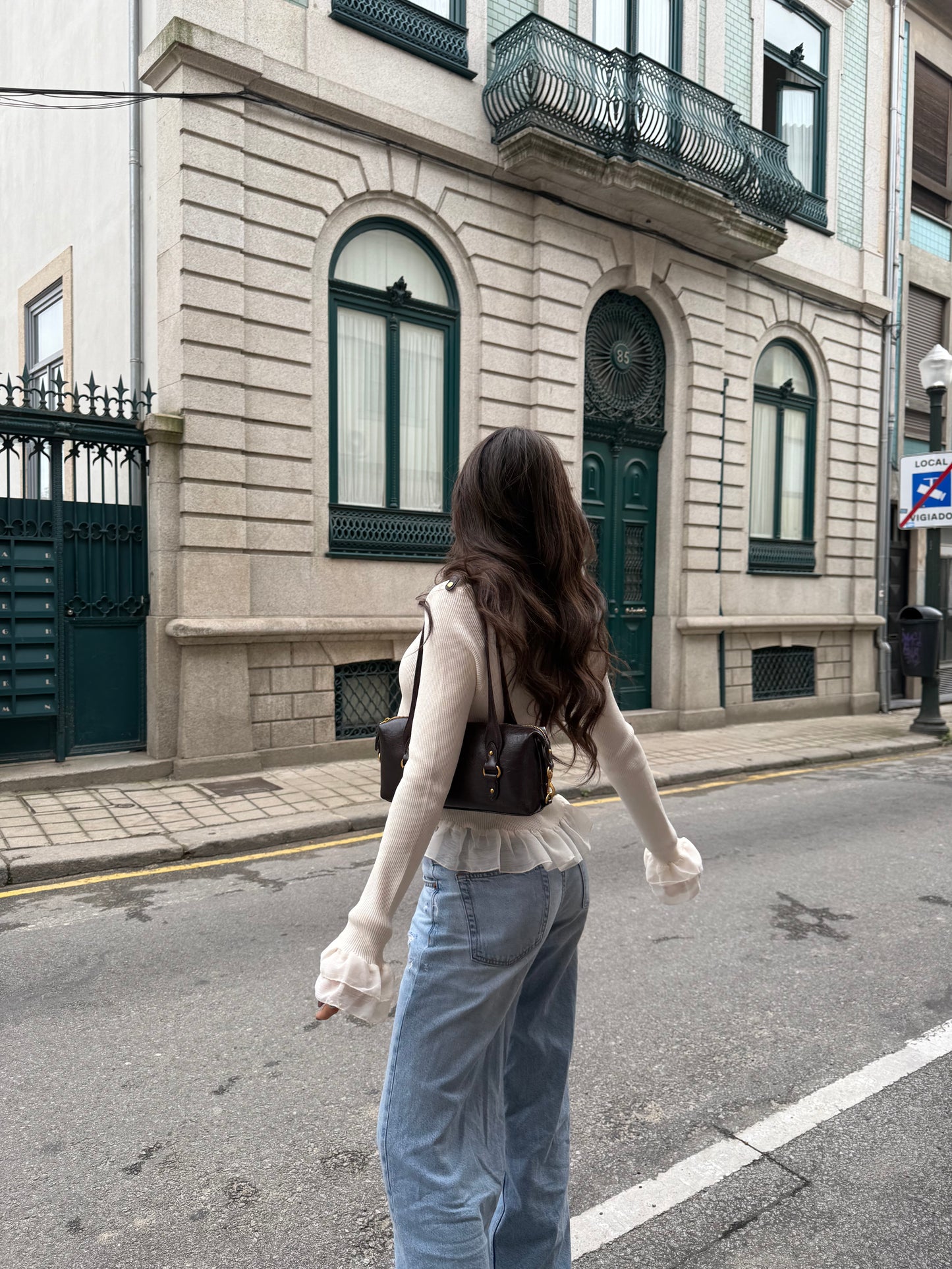 Pearl Ruffle Trim Ribbed Blouse