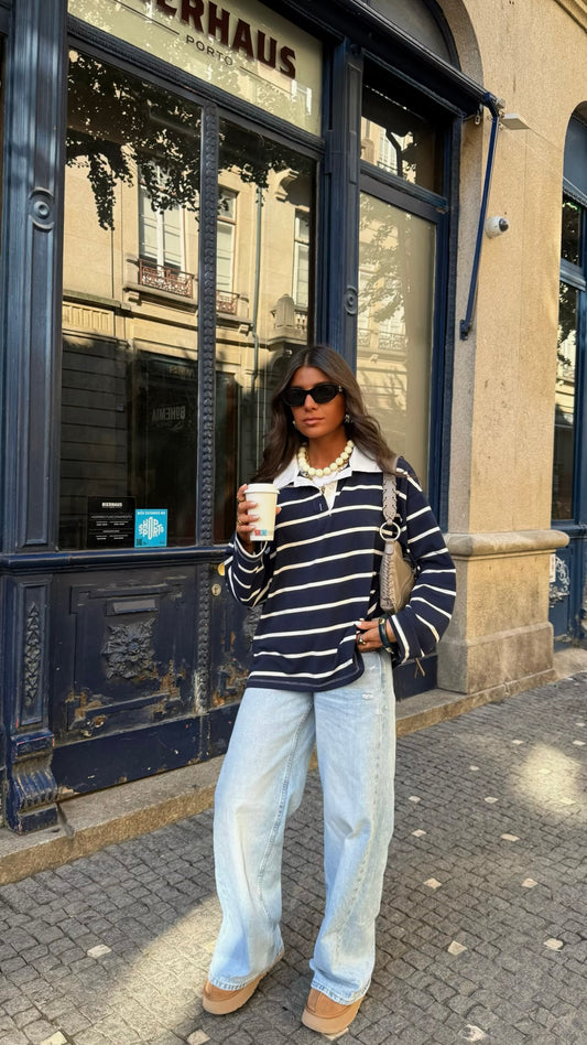 Navy Striped Polo Sweater