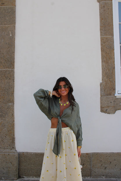 Khaki Linen Cropped Shirt