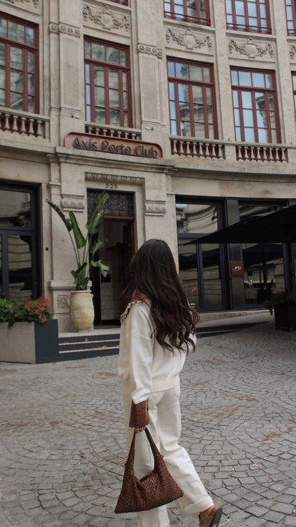Lace-Up Knit & Denim Contrast Sweater in White & Brown