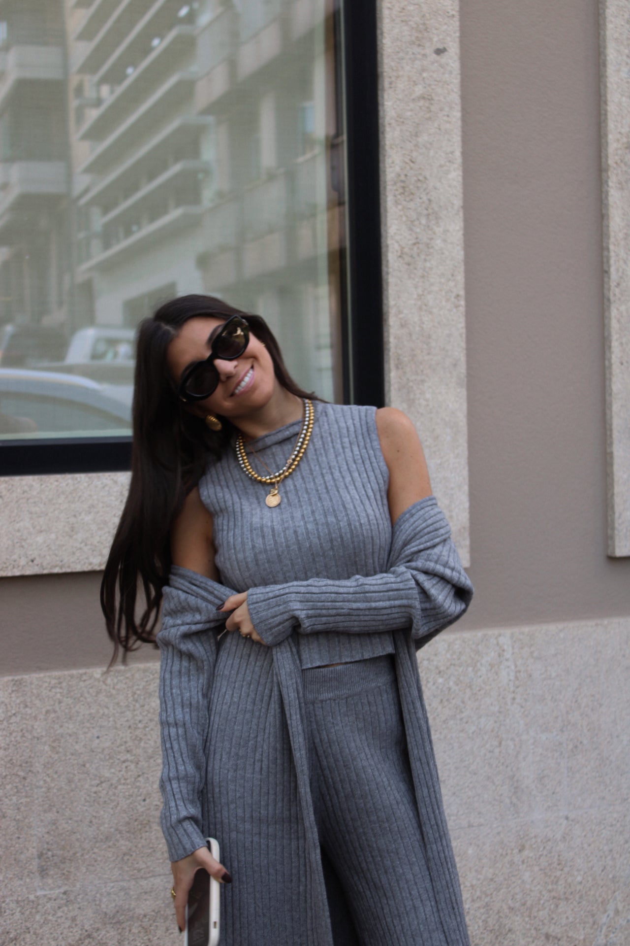 CONJUNTO MALHA CANELADA CINZA