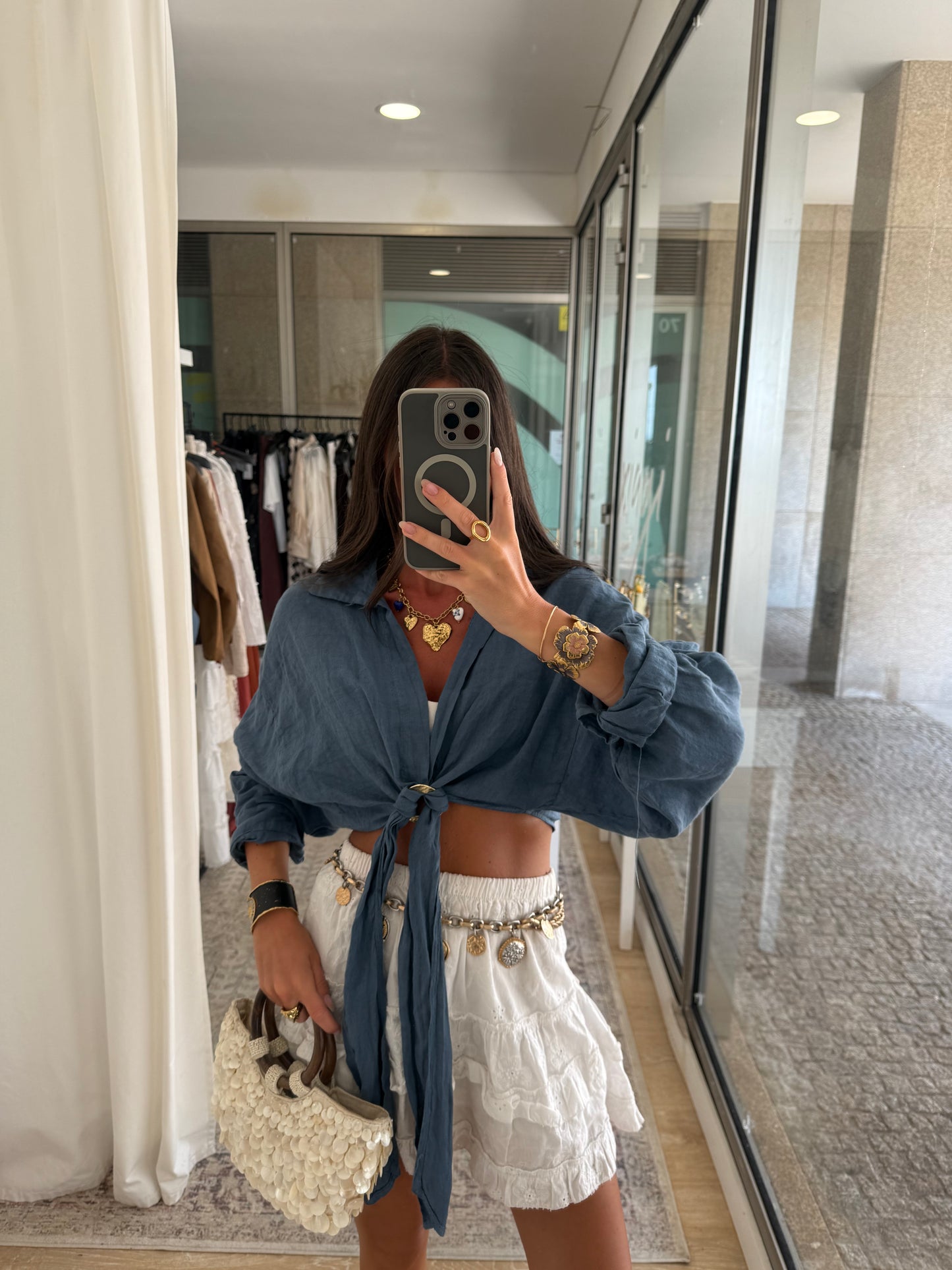 Smoky Blue Linen Shirt with Gold Ring Detail