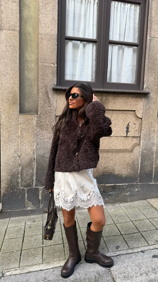 Lace-Edged Satin Skirt in Pearl White