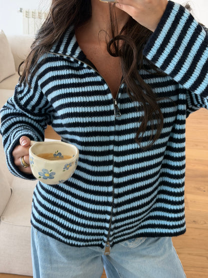 Blue & Navy Striped Zip Cardigan