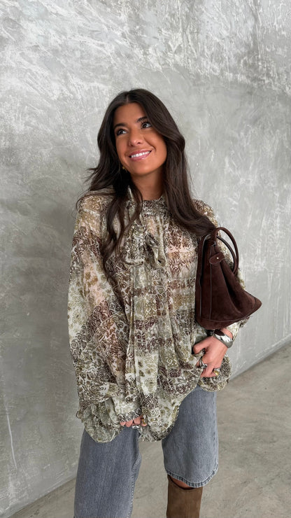 Printed Tie-Neck Blouse