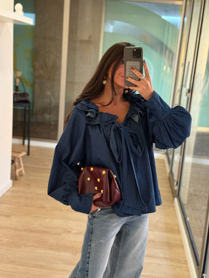 Soft Denim Ruffled Bow Blouse