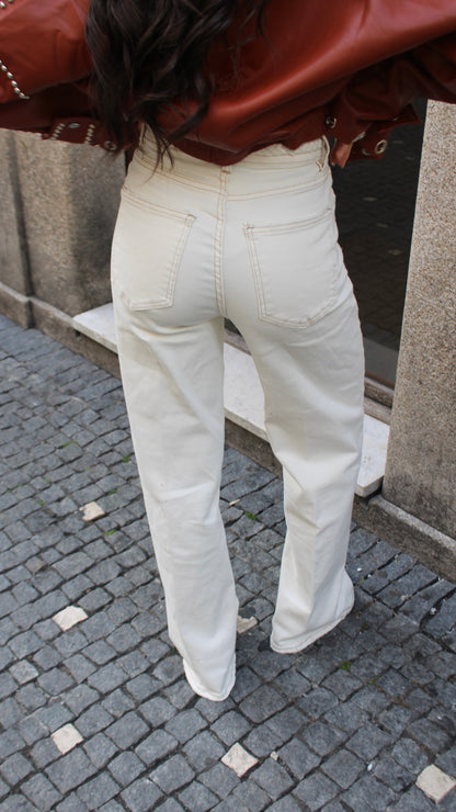 Wide-Leg Jeans with Braided Details in Off-White