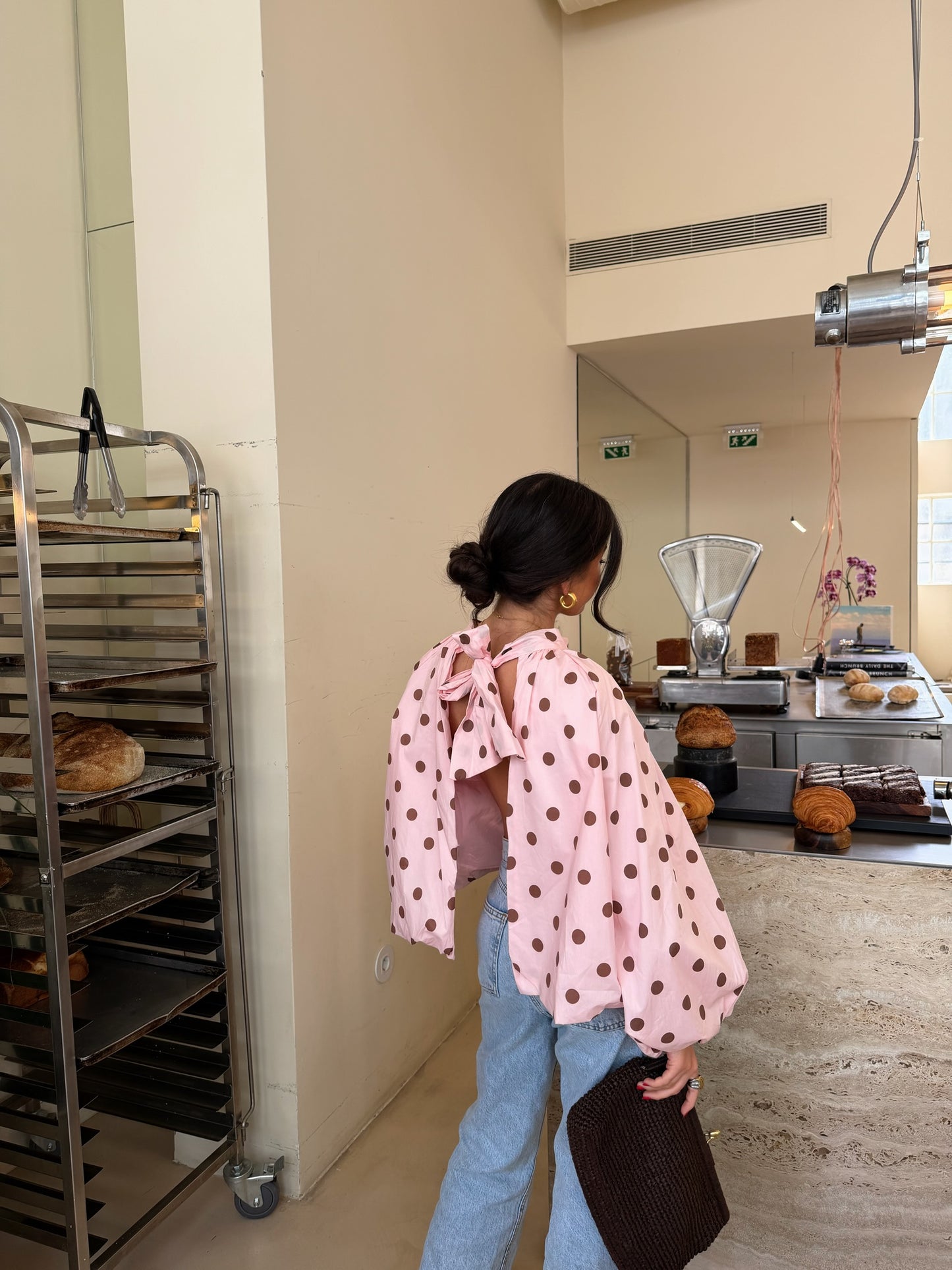 Pink Polka Dot Bow Back Blouse