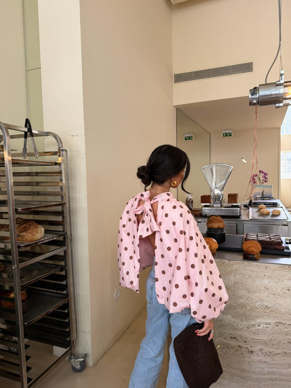 Pink Polka Dot Bow Back Blouse