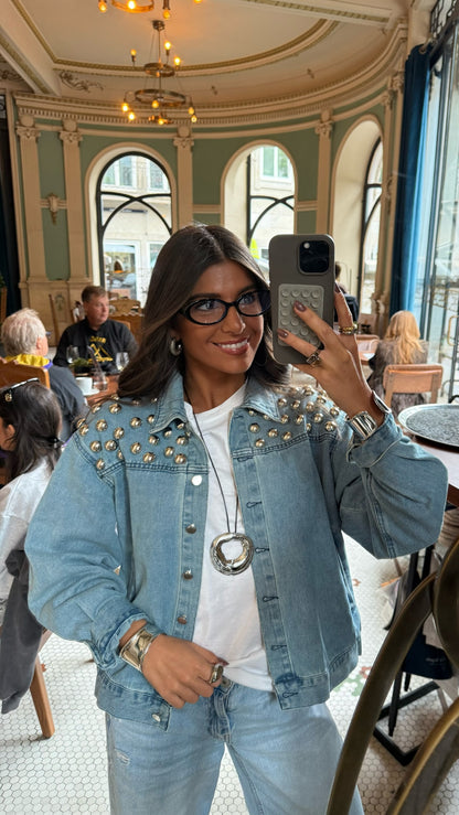 Soft Blue Denim Jacket with Bold Studs