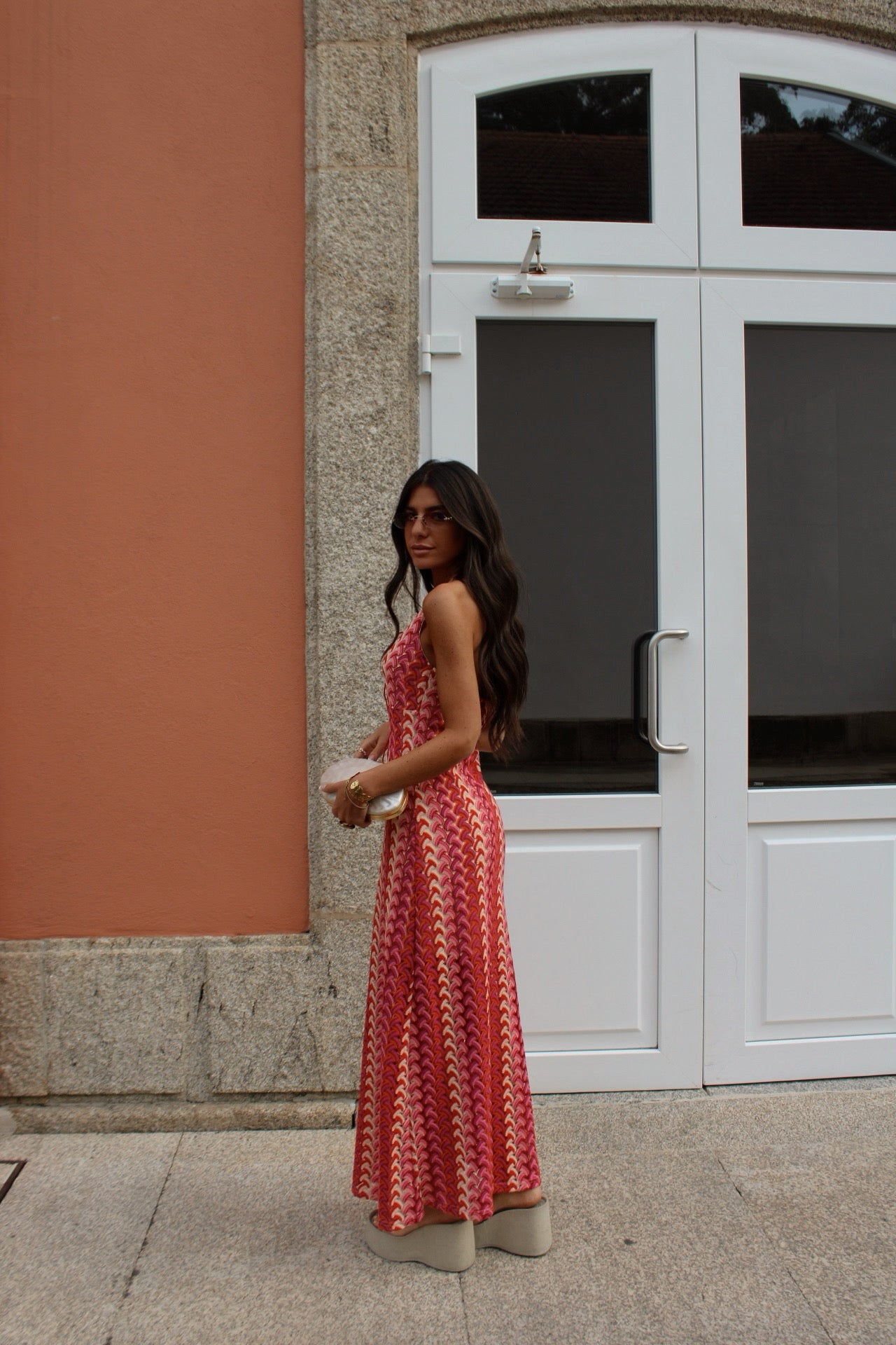 Maxi Crochet Dress in Vibrant Shades of Red and Pink