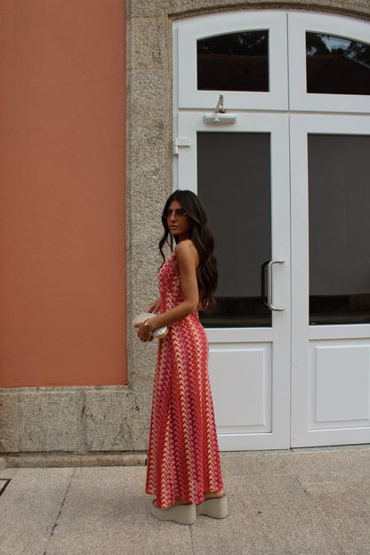 Maxi Crochet Dress in Vibrant Shades of Red and Pink