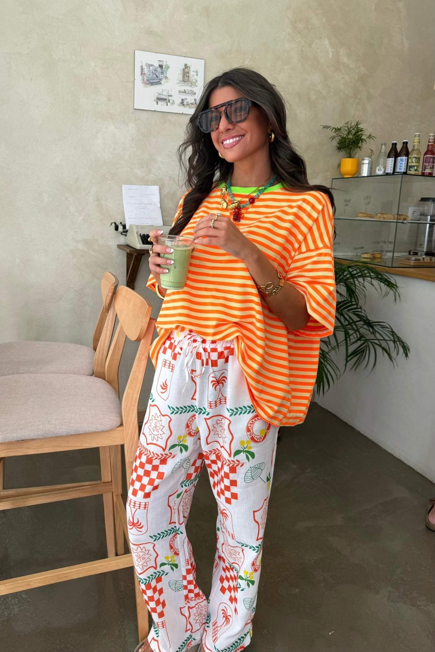 Vibrant Summer Pants – Green & Orange Print