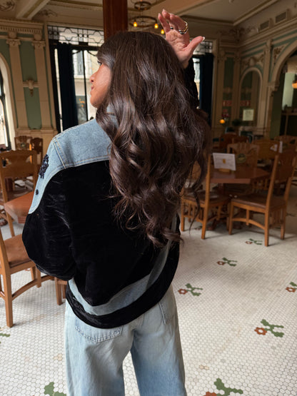 Black Velvet Jacket with Embroidered Denim Accents