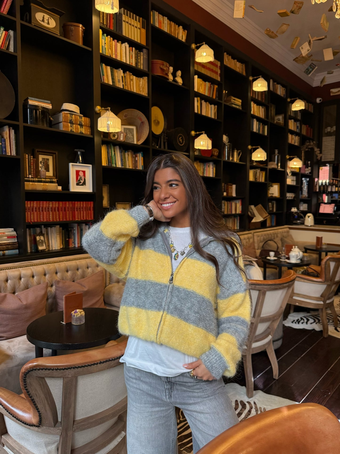 Yellow & Grey Striped Knit Zip Jacket