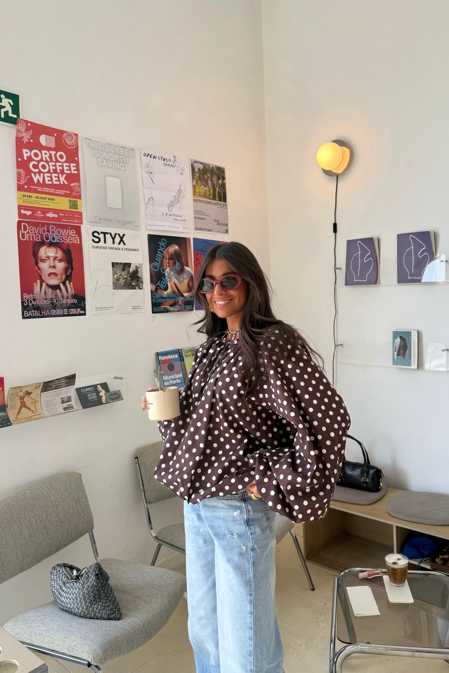 Polka Dot Balloon Blouse in Brown