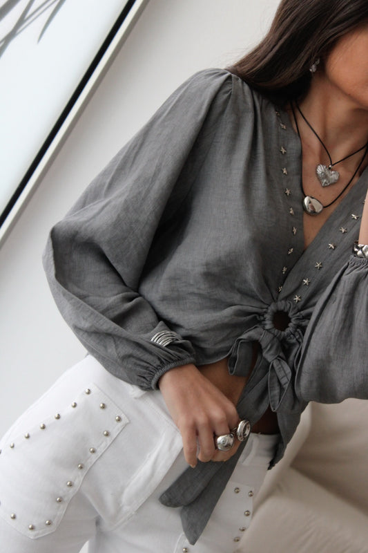 Cropped Top with Star Studs In Grey