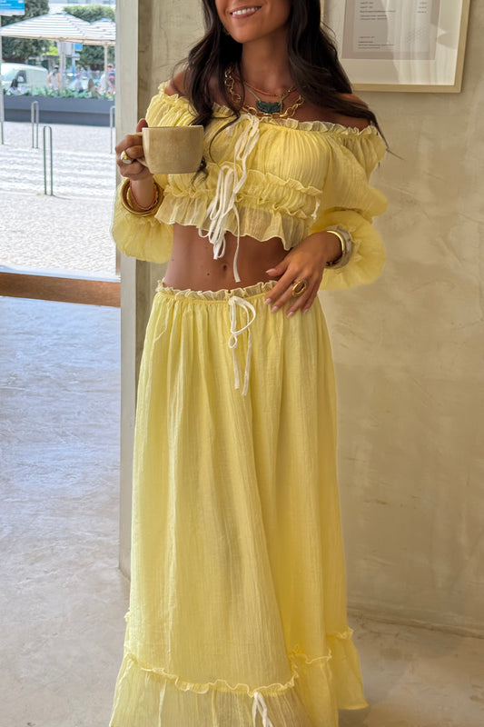 Two-piece Set in Butter Yellow: Crop Top and Lined Maxi Skirt
