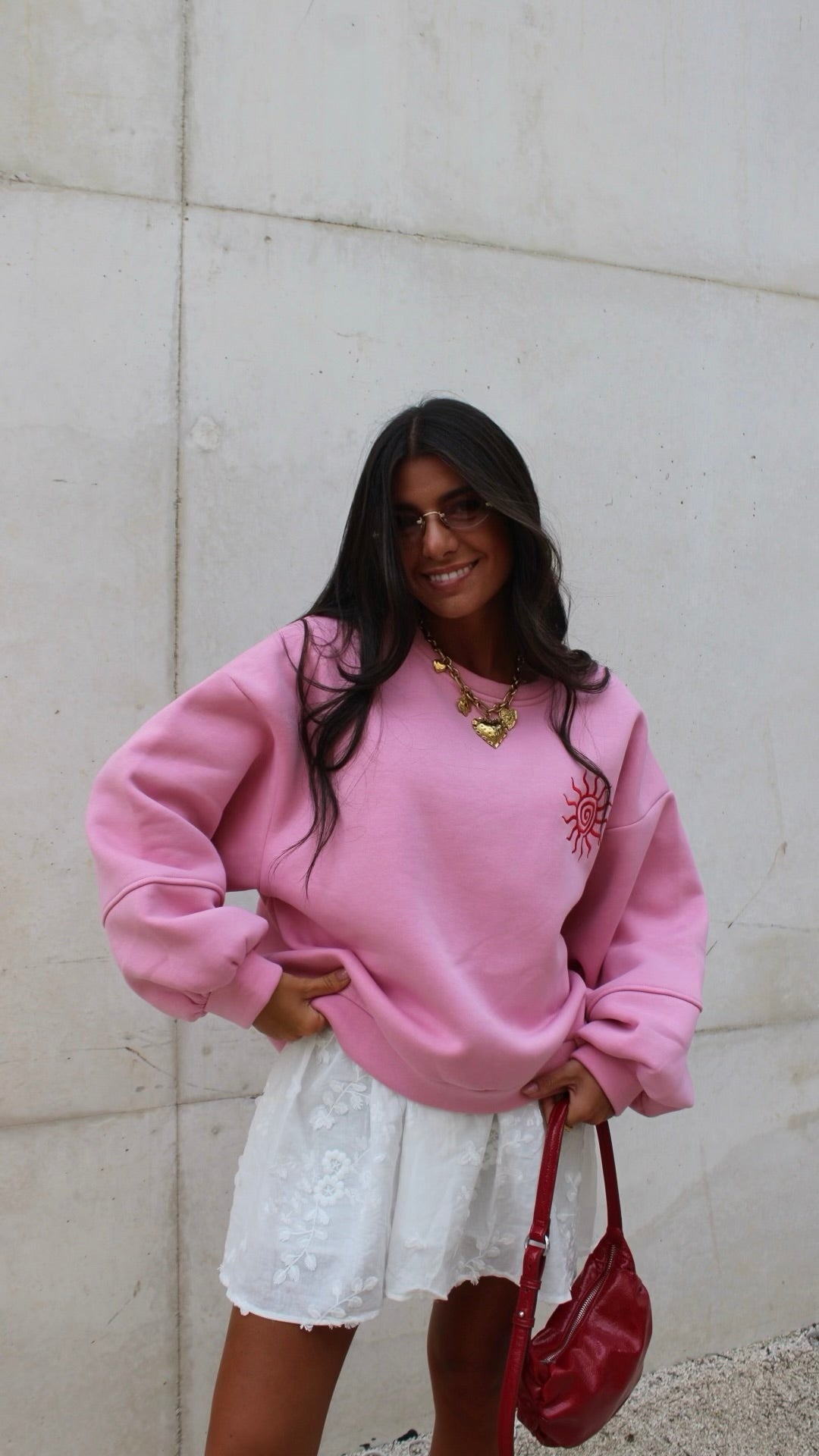 Pink Sweatshirt with Red Sun Embroidery