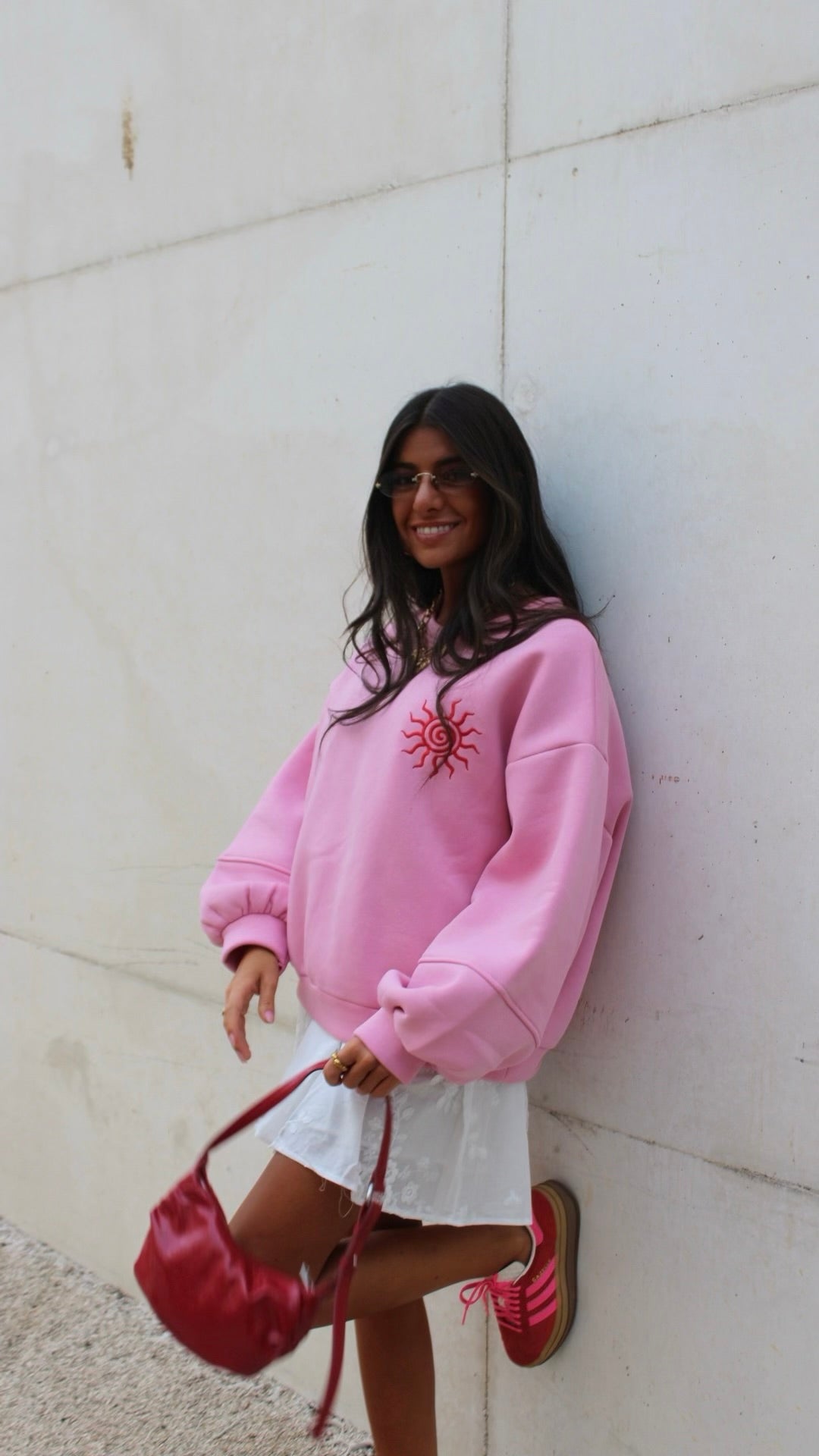 Pink Sweatshirt with Red Sun Embroidery