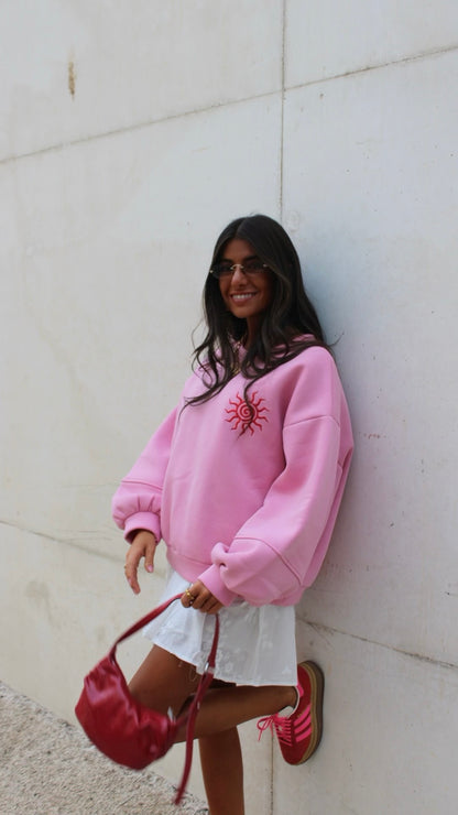 Pink Sweatshirt with Red Sun Embroidery