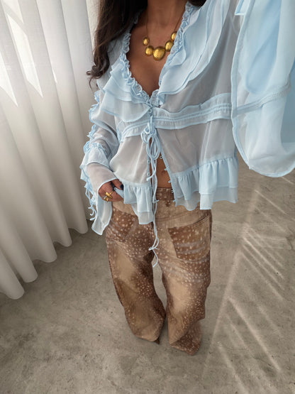 Ice Blue Sheer Ruffle Blouse