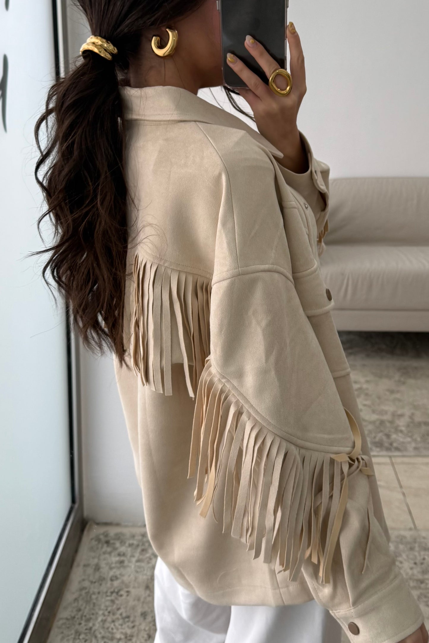 Fringed Suede-Effect Jacket in Off-White