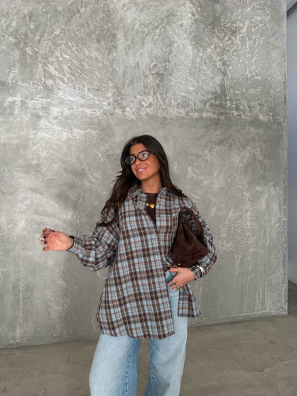 Plaid Shirt in Brown and Sky Blue Tones