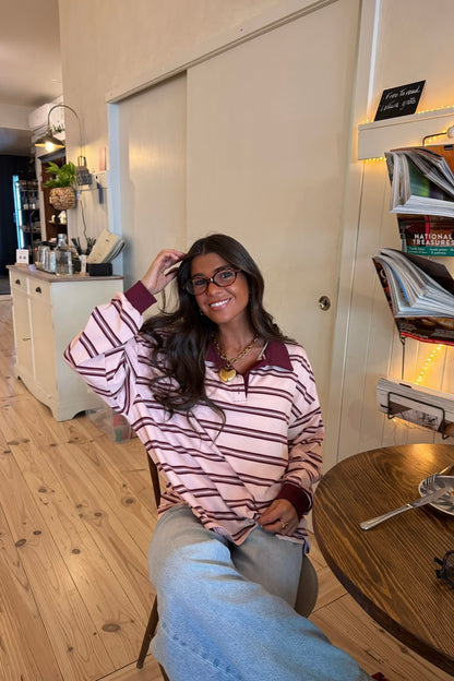 Rose & Burgundy Striped Polo Sweater