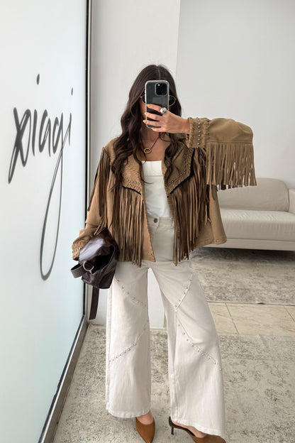 Suede-Effect Jacket with Fringe and Studded Details