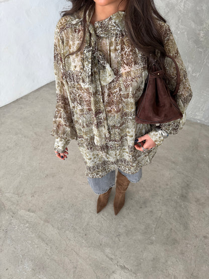 Printed Tie-Neck Blouse
