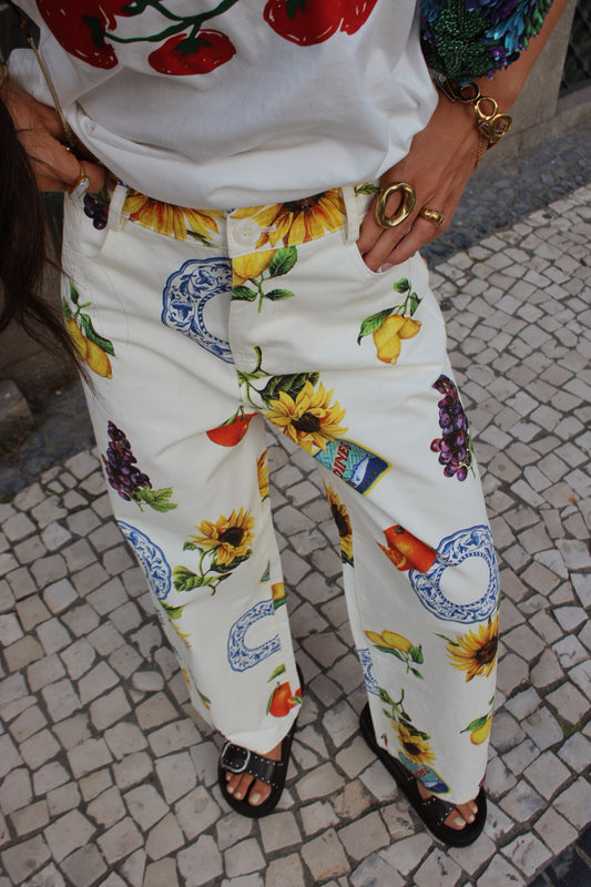 Wide-leg Jeans with Mediterranean-Inspired Prints