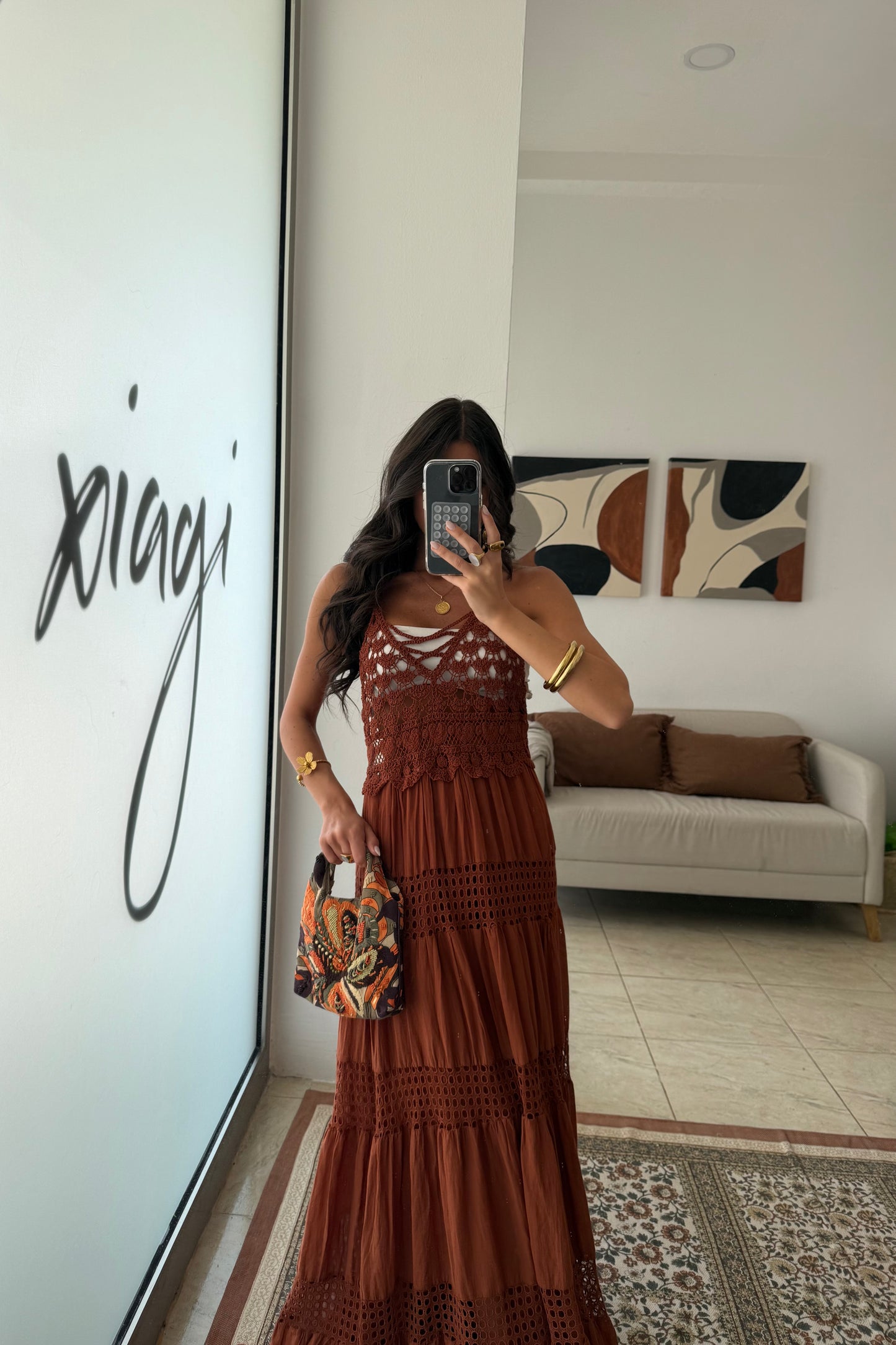 Crochet Trim Maxi Dress in Terracotta