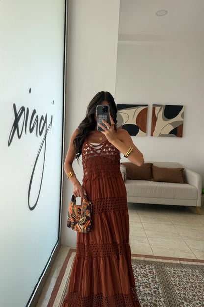 Crochet Trim Maxi Dress in Terracotta