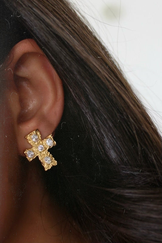 Cross Earrings with Hammered Finish and Zirconia
