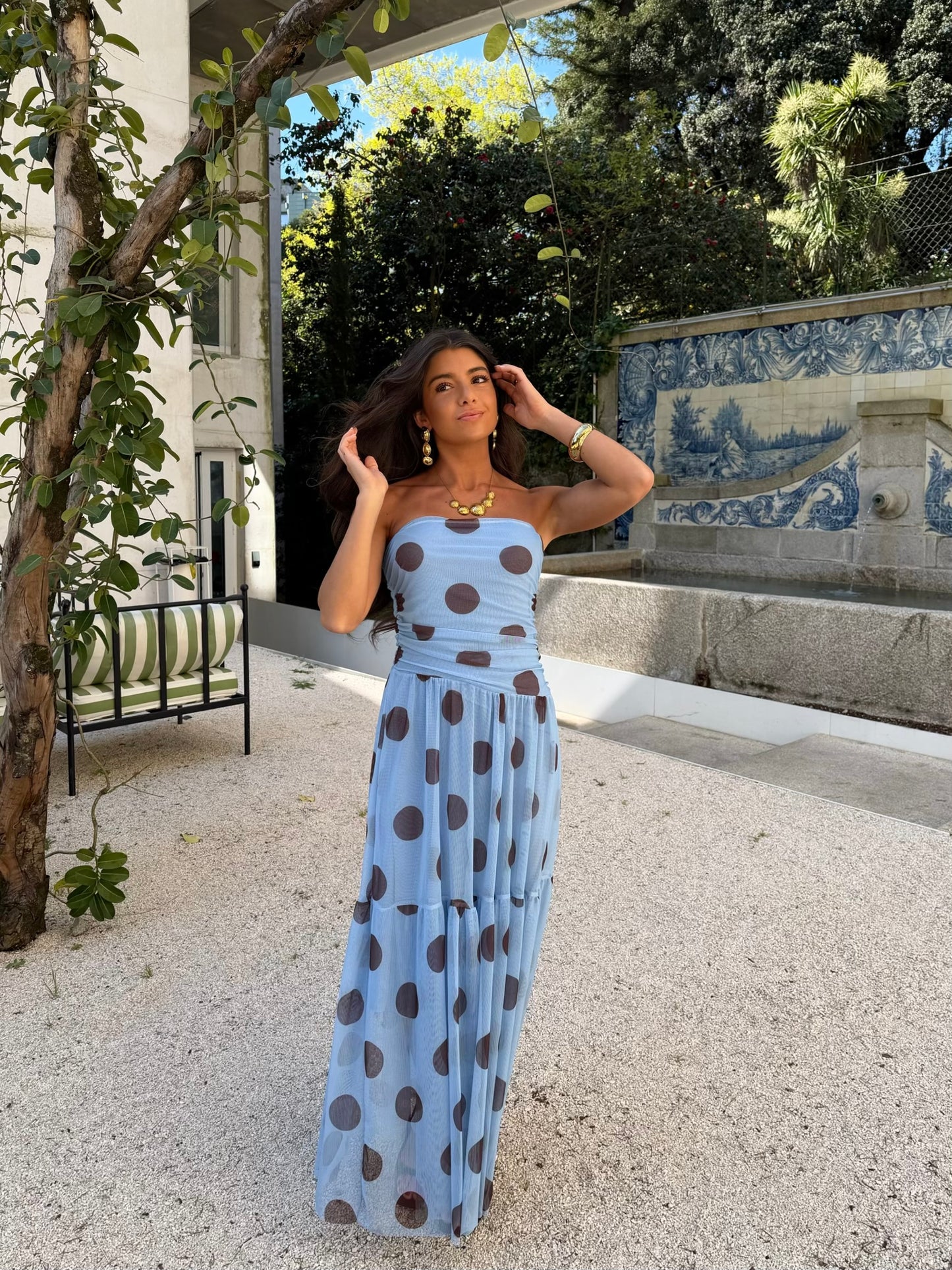 Polka Dot Maxi Dress in Blue & Brown