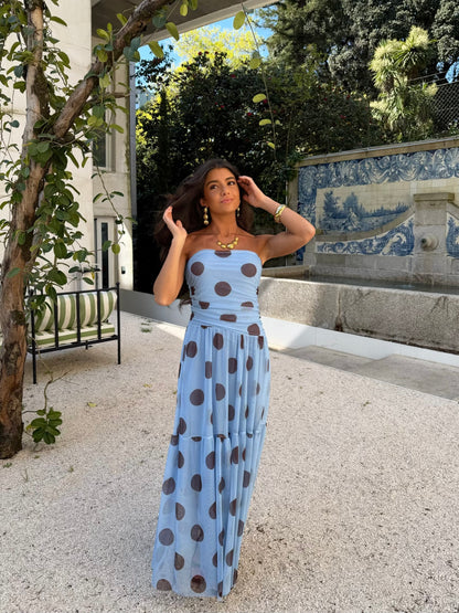 Polka Dot Maxi Dress in Blue & Brown